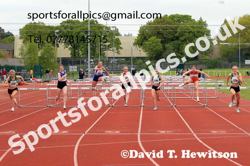 Womens Under-17s 80 metres hurdles, 2023 North Eastern Track and Field Champs., Middlesbrough Sports Village, Middlesbrough. Photo: David T. Hewitson/Sports for All Pics